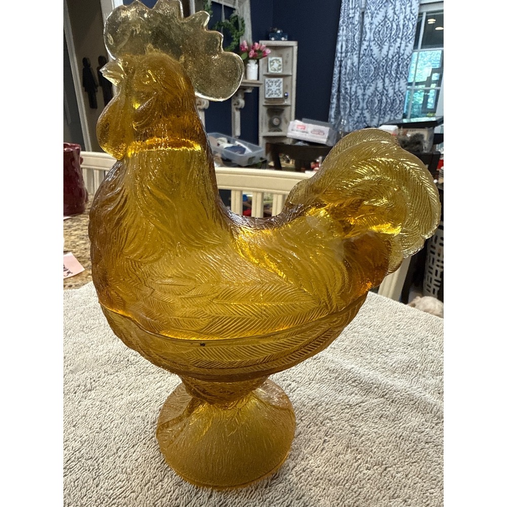 Vintage Amber Glass Rooster Candy Dish Lidded Pedestal Compote Farmhouse Decor